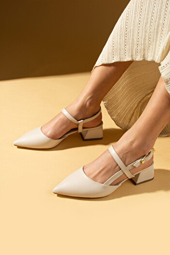 Pembe Potin Women's Beige Low Heeled Thin Strap Slingback Shoes