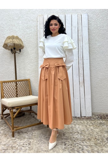 KÜÇÜĞÜM BUTİK Camel Bow Poplin Skirt