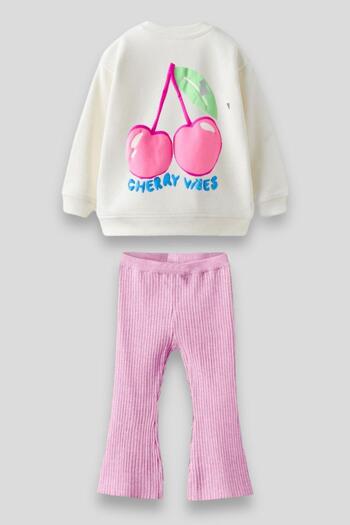 Magu Cherry Patterned Cotton Sweatshirt and Ribbed Leggings Set for Girls