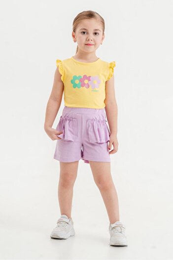 Magu Floral Patterned Cotton T-shirt and Shorts Set for Girls