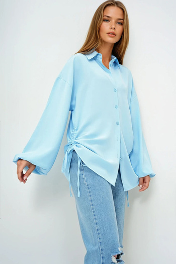 VAGGON Women's Blue Oversize Woven Shirt with Tie Detail on the Sides Prmx13698
