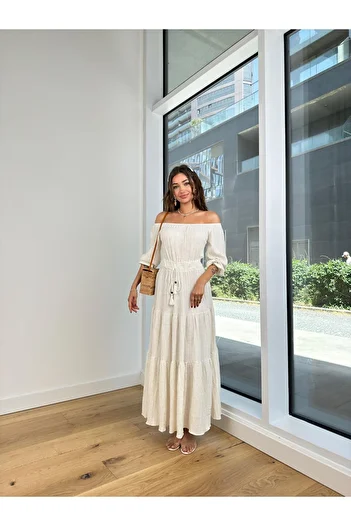 manana fashion Λευκό μακρύ λινό φόρεμα με φόδρα V-λαιμόκοψη πολυτελούς ποιότητας