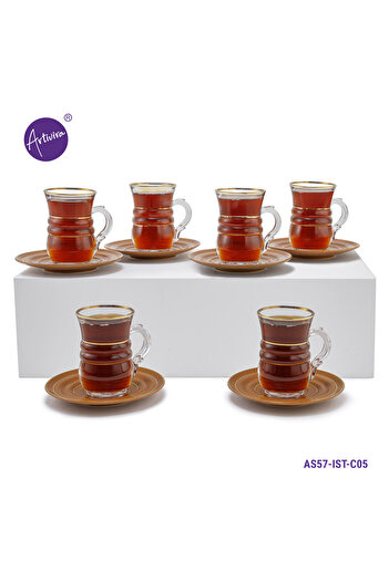 ARTIVIRA AS57-Tea set consisting of 6 clear glass tea cups and 6 saucers made of ceramic with distinctive modern engravings
