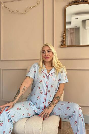 Pijamaevi Ice Blue Sofistic Cherry Front Buttoned Short Sleeve Women's Pajama Set