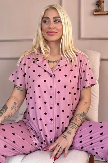 Pijamaevi Powder Royal Dots Patterned Bamboo Front Buttoned Short Sleeve Pajama Set