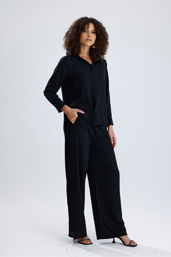 Sense Wide Leg Dupai Trousers with Flexible Waist Pocket Detail |   Pnt36144 Black