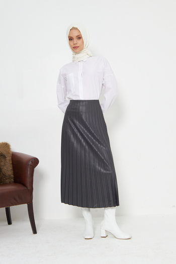 RTBUTİK Smoked Leather Look Pleated Hijab Skirt, Hijab Skirt, Women's Gift Skirt, Stylish Skirt, Long Skirt