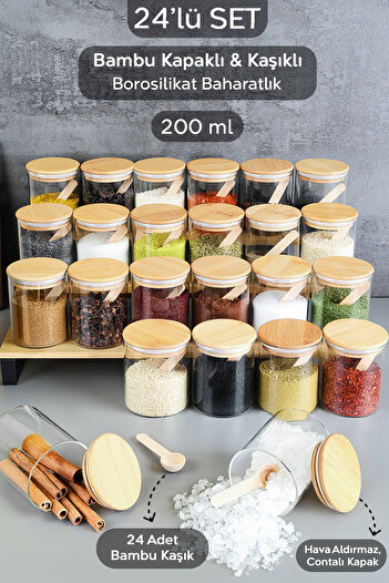 Meleni Home Set of 24 Bamboo Lids and Spoons Glass Spice Shakers - Vacuum Glass Jar Spice Storage Container 200 ml