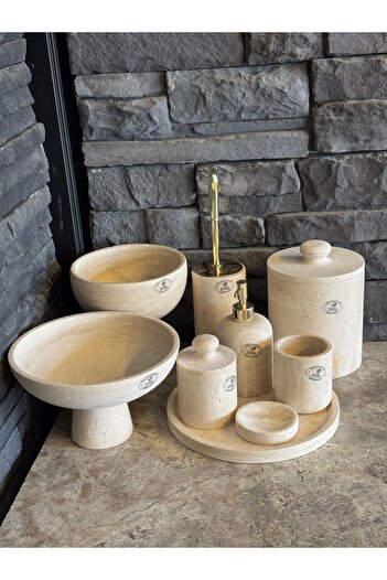 Polen Stone Traverten Doğal Taş 9 Parça Gold Detaylı Banyo Takımı