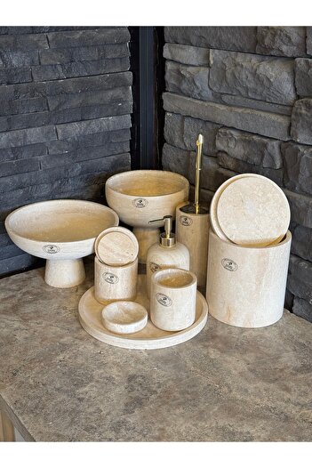 Polen Stone Traverten Doğal Taş 9 Parça Gold Detaylı Banyo Takımı