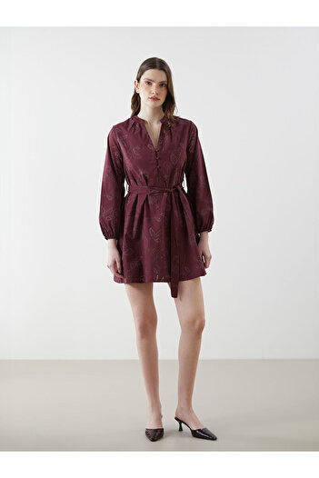LC Waikiki Lcw Vision Burgundy Collar Collar Self Patterned Embroidery Women's Dress