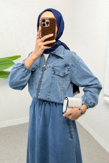 Salih Çelebi Denim Jacket Skirt Suit 6119 - Blue