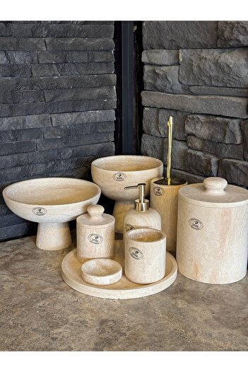 Polen Stone Traverten Doğal Taş 9 Parça Gold Detaylı Banyo Takımı