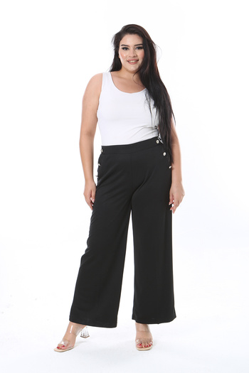 Şans Women's Large Size Black Back Elastic Waist Wide Leg Pants with Side Pockets 65N38810