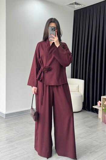 ECEMİ Rose Detailed Burgundy Kimono Pants Set