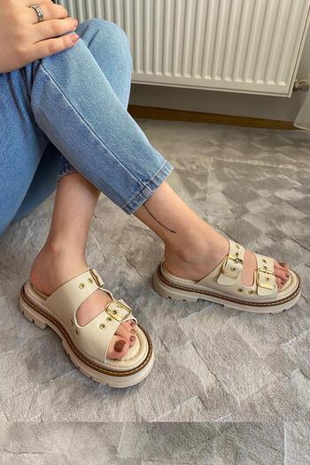 Preshley Women's Orthopedic Sandals Slippers K-100 Beige Double Banded Thick Sole Related Profile Production