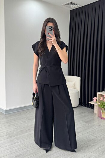 ECEMİ Bella Lacing Detail Black Vest Trousers Suit
