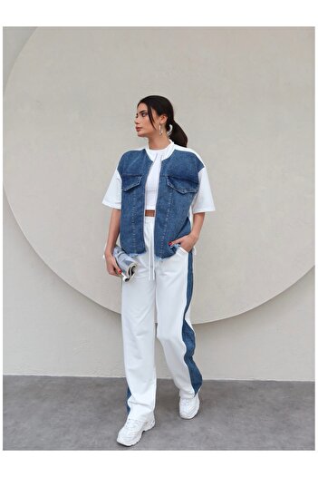 ESRAHELVACI Short Sleeve Denim Detailed Tracksuit Set