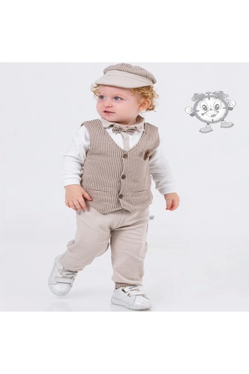 imajbebe 4 Piece Baby Boy Brown Suit with Bowtie and Vest – Stylish Choice for Special Occasions