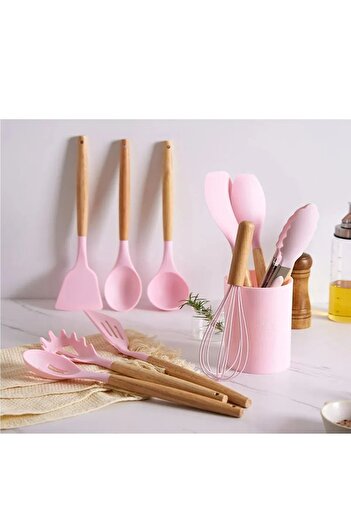 Kitchen Dream 12 Piece Wooden Silicone Kitchen Set - Pastry, Ladle, Beater Brush and Colander Spoon Holder Tongs Spatula