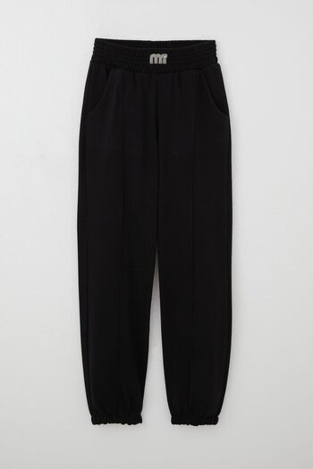 Breeze Girl's Sweatpants with Crest Detail on the Waist and Pearls for Ages 9-14, Black