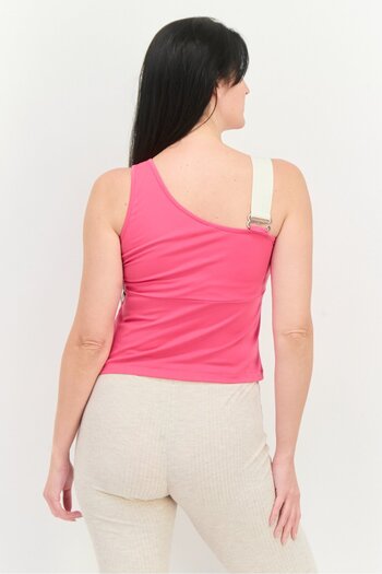 Tribe of 6 Women Asymmetric Neck Sleeveless Brand Logo Tank Top, Dark Pink