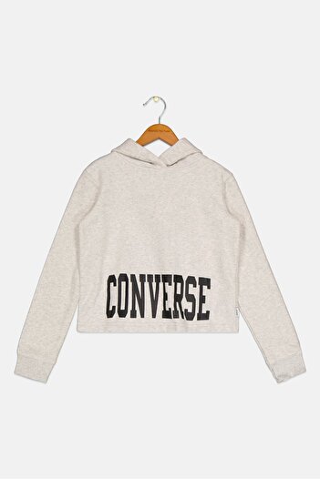 Converse Kids Girl Brand Logo Long Sleeve Outdoor Hooded Sweatshirt, Grey