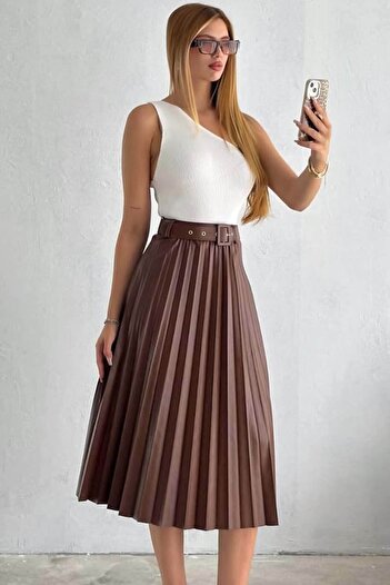 İKLİM LİFE BELTED PLEATED LEATHER SKIRT