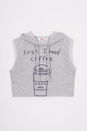 zepkids Hooded Zero Sleeve Coffee Printed Gray Melange Color Girls' Sweatshirt