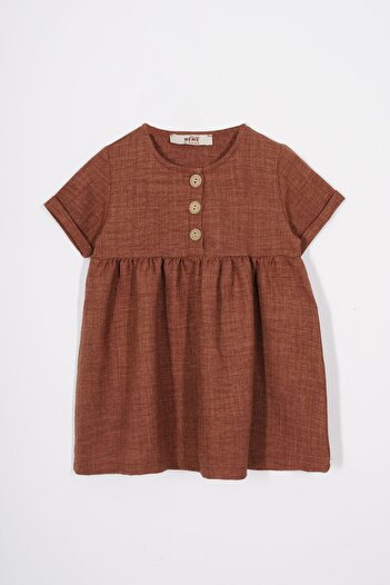 zepkids Crew Neck Buttoned Brown Color Girls Linen Dress with Hat Accessories