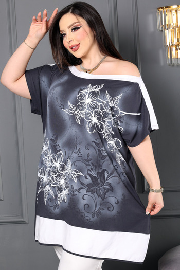 Kheos Boat Neck Short Sleeve Shoulder Neck and Hem Blocky Floral Stone Printed Comfortable Fit Flowy Plus Size Blouse