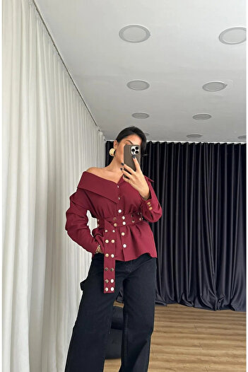 Stil Sepeti Cămașă de damă Burgundy Diana Design cu curea cu împânzire cu guler asimetric KD- 10007015