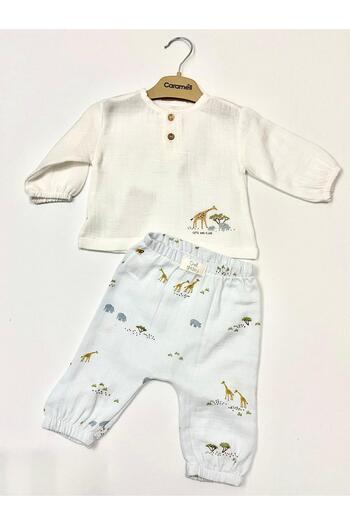 Caramell Erkek Bebek Müslin Kumaş Zürafa Desen Alt Üst Takım