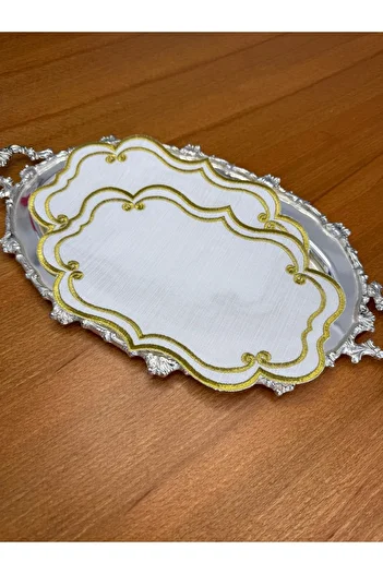 Smiling Home 2 Pieces Linen Gold Color Ivy Patterned Tray Cover