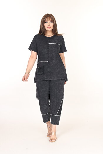 özle fashion Plus Size Bottom Top Set with Pockets and Print Detail