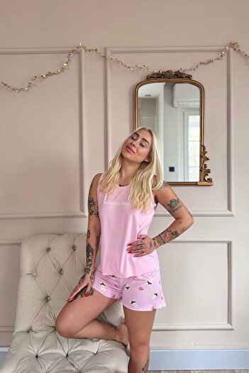 Pijamaevi Light Pink Mignonne Patterned Bamboo Women's Pajama Set with Zero Sleeve Shorts