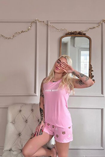 Pijamaevi Dark Pink Cute Patterned Bamboo Women's Pajama Set with Zero Sleeve Shorts