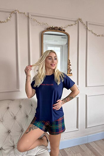 Pijamaevi Navy Enjoy Patterned Short Sleeve Shorts Knitted Women's Pajamas Set