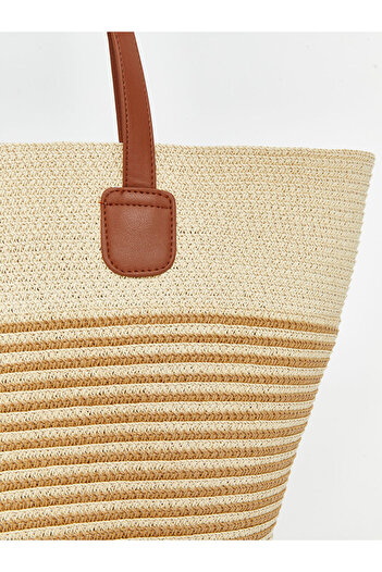 LC Waikiki Lcw Accessories Beige Stripe Patterned Straw Women's Beach Bag