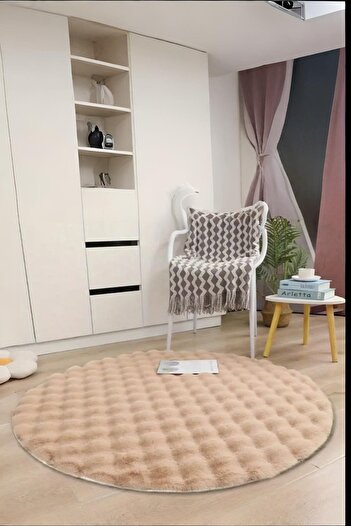 Myevilla Bubble Yuvarlak Açık Bej Uzun Tüylü Yumuşak Peluş Kaymaz Yıkanabilir Salon Oturma Odası Balkon Halı