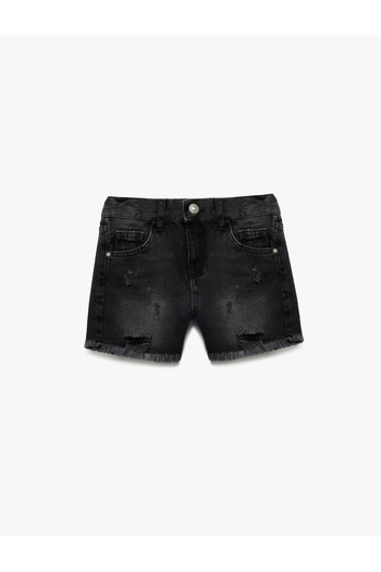 Koton Cotton Pocket Frayed Detailed High Waist Denim Shorts