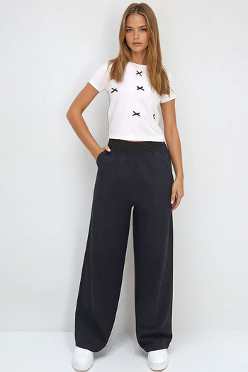 VAGGON Women's Black Double Pocket Elastic Waist Linen Wide Leg Pants Prmx13768