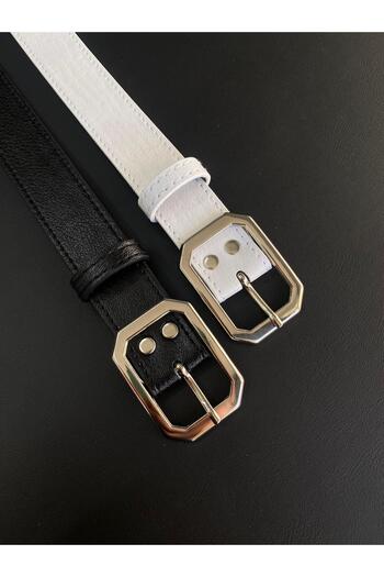 LİA KEMER 2-Piece Square Stitched Silver Buckle Belt Waist Belt Coat Belt Dress Belt Trouser Belt