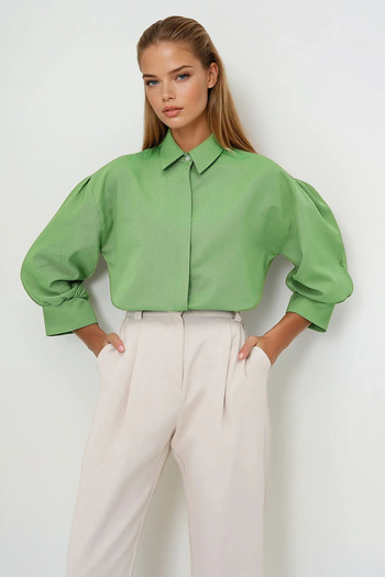 VAGGON Women's Aqua Green Balloon Sleeve Hidden Placket Woven Shirt Prm0722