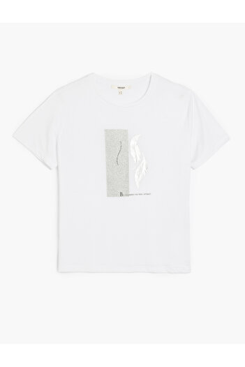 Koton Tricou cu mânecă scurtă cu gât rotund pentru femei, alb argintiu 5SAK50120EK