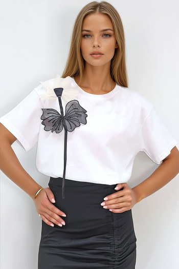 VAGGON Women's White Crew Neck Floral Motif Organza Cotton T-Shirt Prmx13728
