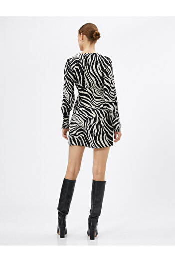Koton Zebra Desenli Elbise Mini Anvelop Uzun Kollu V Yaka