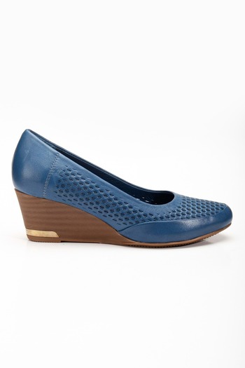 ANALİN SHOES Genuine Leather Denim Blue - Honeycomb Printed Wedge Heel Shoes