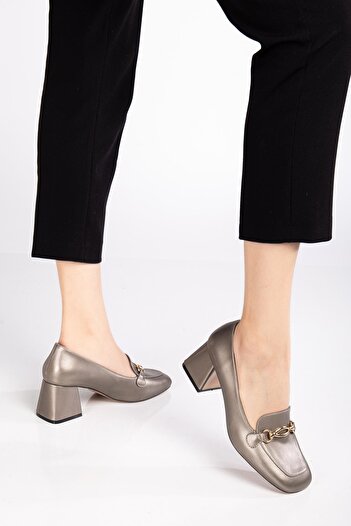 Dilimler Ayakkabı Large Small Size Blunt Toe Buckle Skin Platinum Women's Thick Heeled Shoes