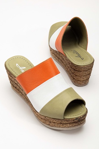 ANALİN SHOES Green/White/Orange Genuine Leather Women's Wedge Heel Slippers